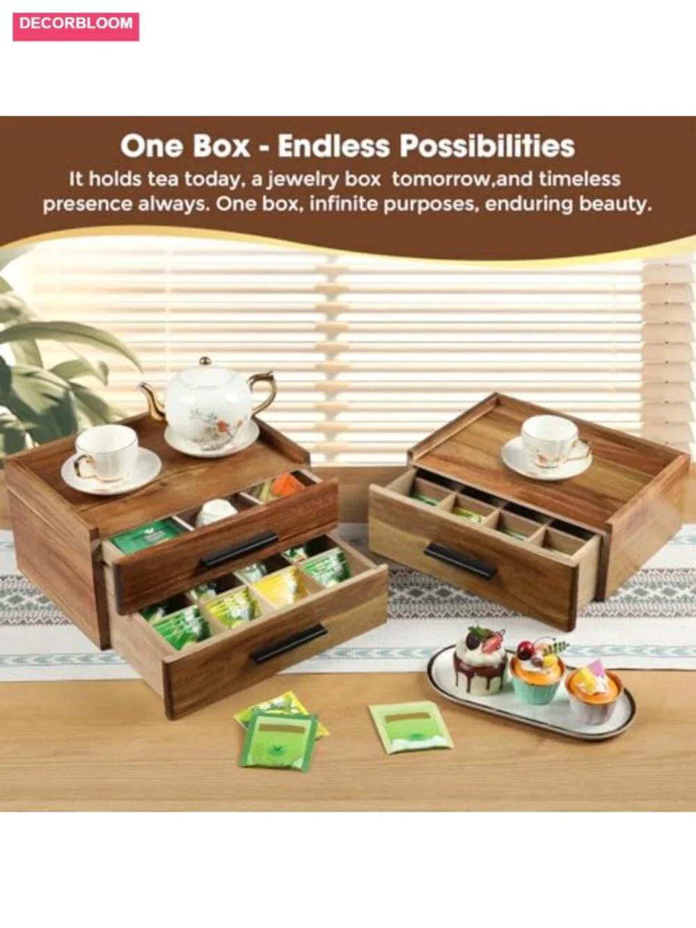 Acacia Wood Tea Bag Organizer Double Drawer Storage Box with Dividers